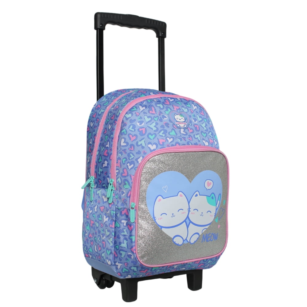 Mochila Ruedas Infantil Niña Chips Gato Corazon Lila Head