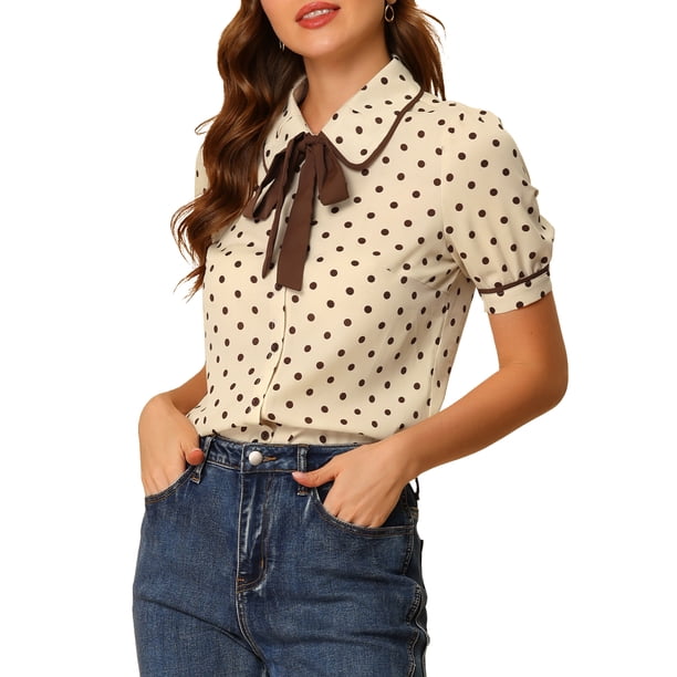 INSPIRE CHIC Blusa de Lunares para Mujer de Regreso a Clases con Cuello Peter Pan, Lazo en el Cuello, Manga Abullonada, Camisa Vintage Beige Talla S