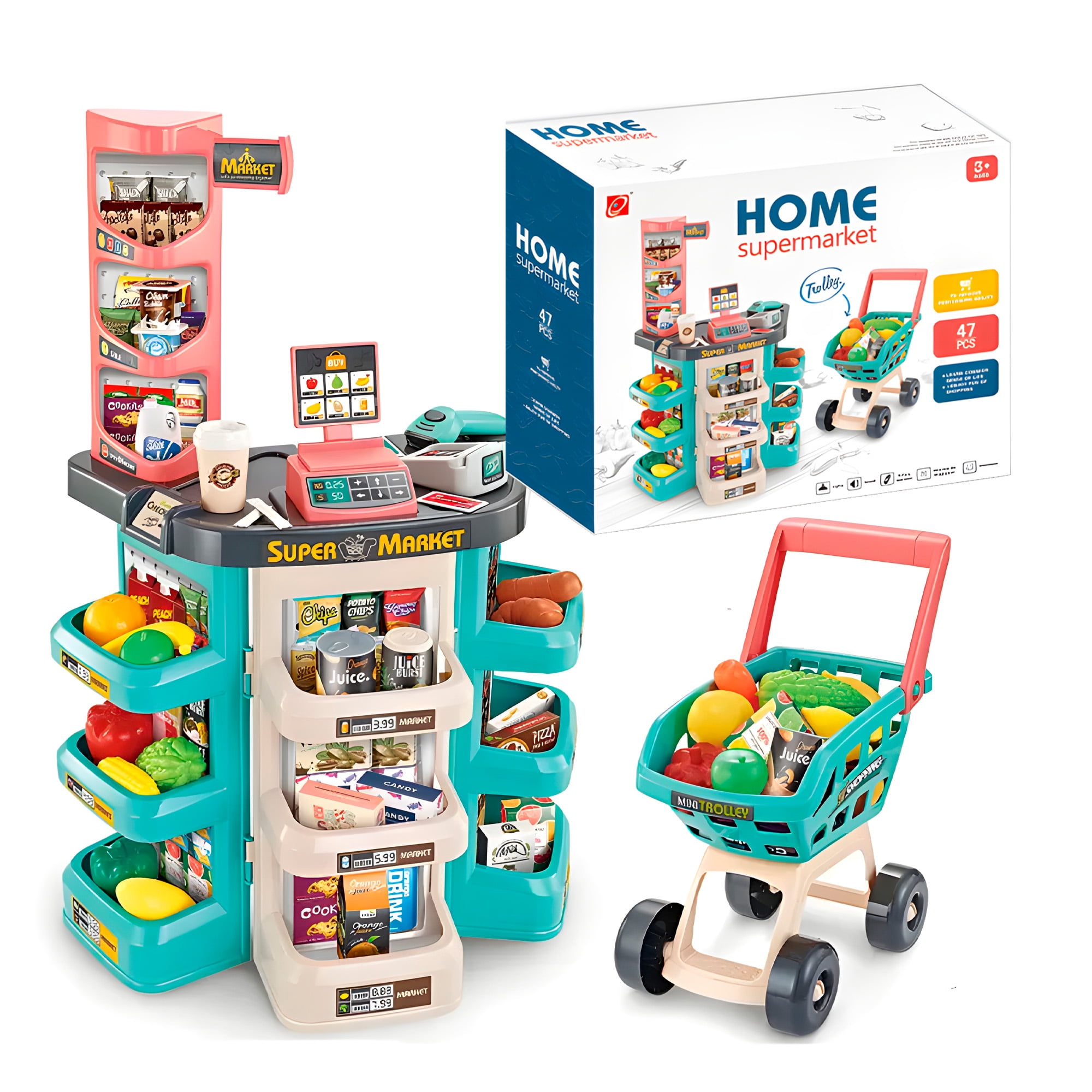 Mgm Importaciones - Set 48 Pcs Supermercado Carrito Alimento Juguete Niños Verde