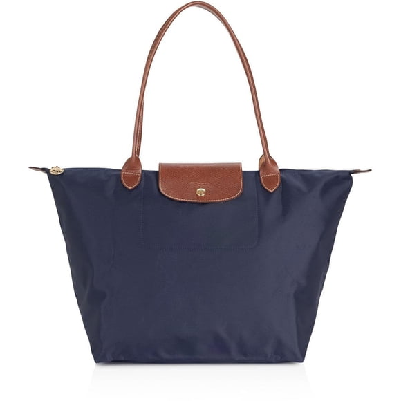 Bolso de mano Longchamp de nailon con detalles en cuero, azul marino, grande