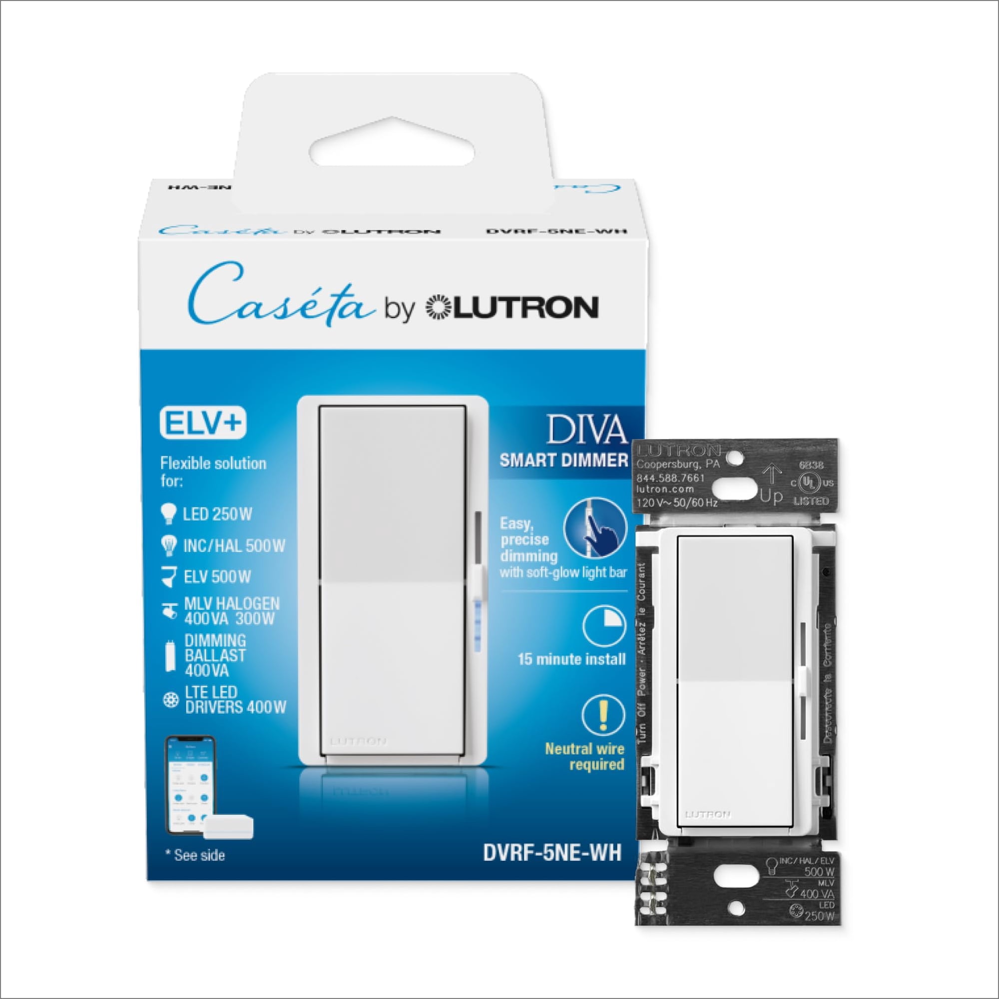 Interruptor Regulador Inteligente Lutron Diva Elv+ De 250 W Led, Color Blanco