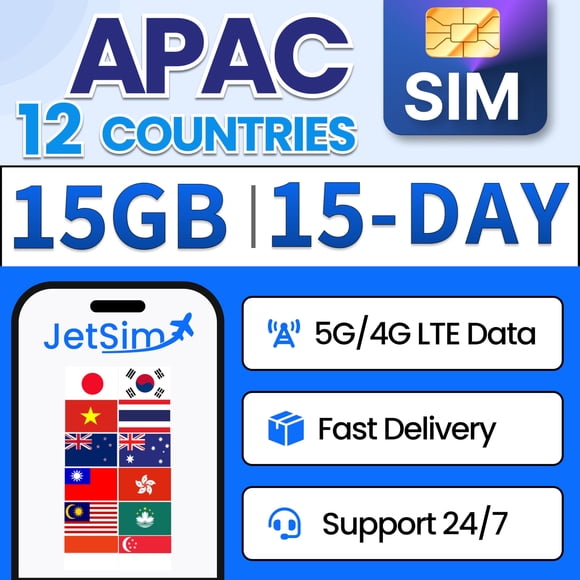 Tarjeta SIM JETSIM 15 GB de datos ilimitados por 15 días APAC