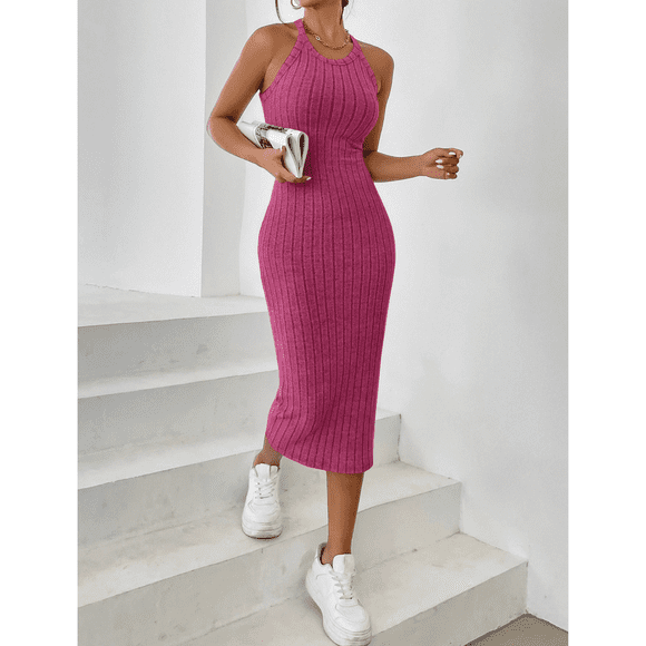 Vestido Mujer Ajustado Canalé Cuello Halter V O Alto