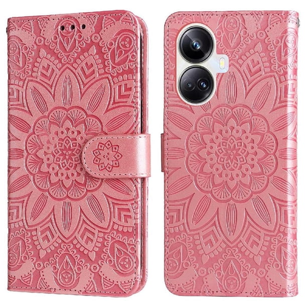 Funda tipo cartera FOXDOCK para Realme 10 Pro Plus , diseño girasol en relieve, cuero PU, cierre magnético, soporte y tarjetero