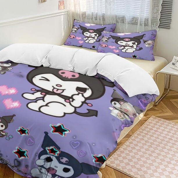 Kuromi Quilt Set Thicken Soft 3 Pieces Bedding Set All Season Duvet Cove with 2 Pillowcases for Adult Women Girls Teens Home Room Decor
