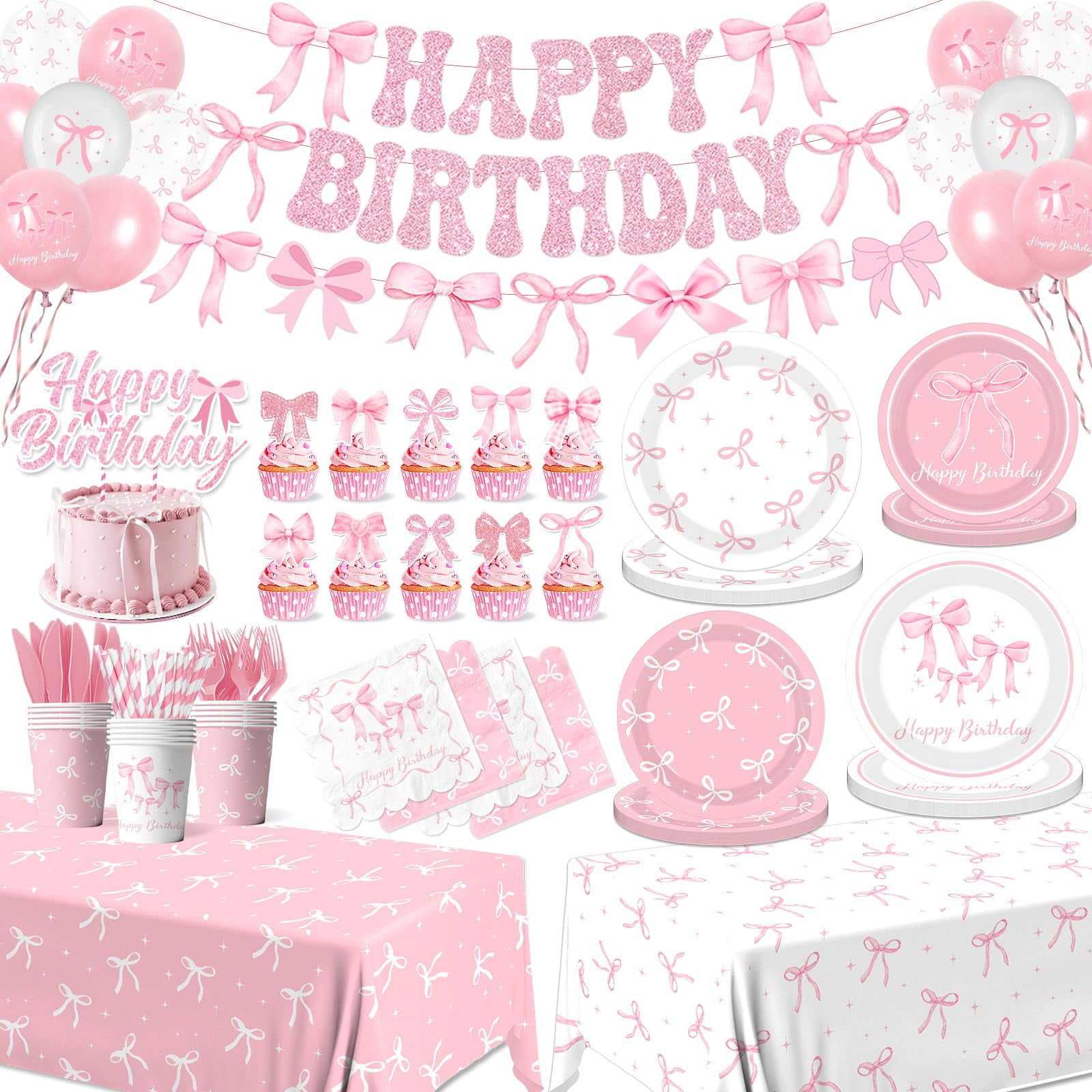 Set De Artículos De Fiesta Con Lazo Rosa Pymurod Para Cumpleaños De 24 Niñas