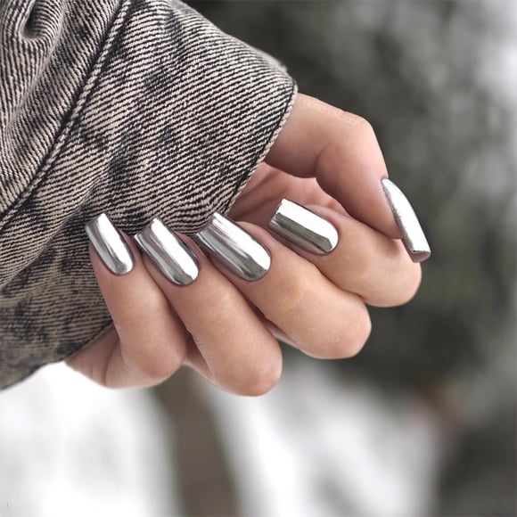 Press on Nails SXVME, blanco, plateado y cromado, cuadrado corto