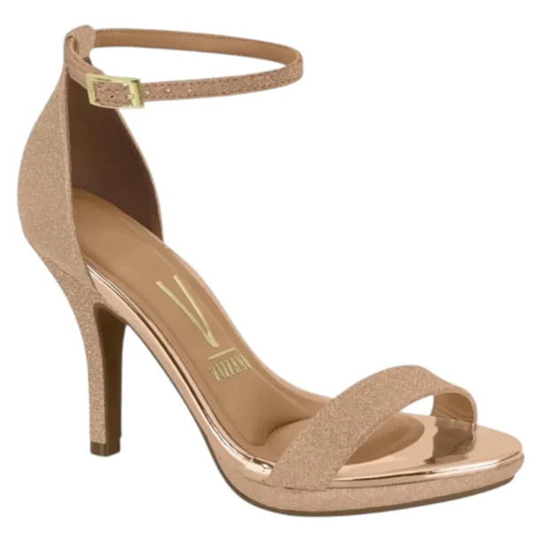 Sandalia Mujer Taco Alto Tela Shine Glamour Dorado Vizzano