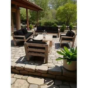 Terraza Rústica Miaruste Modelo Ambar 7 Cuerpos Color Madera Roble Cojinería Negro V2
