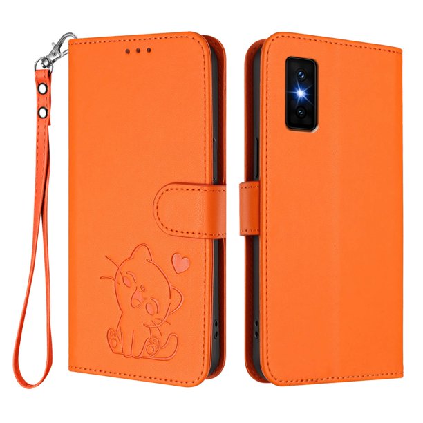 Funda Billetera con Relieve de Gato para Infinix GT 30 Pro, Naranja
