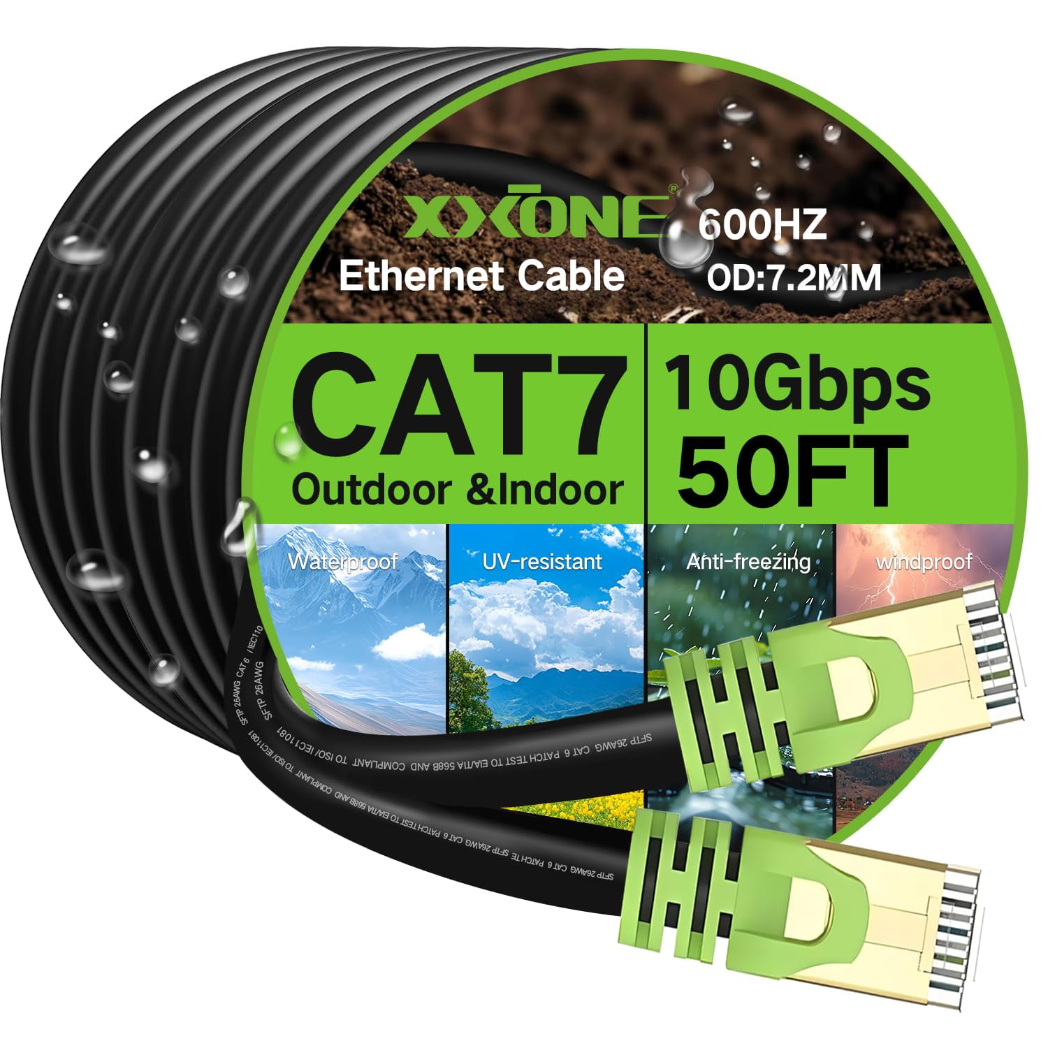 Cable Ethernet Xxone Cat7 De 61 M Para Exterior, Impermeable, 10 Gbps