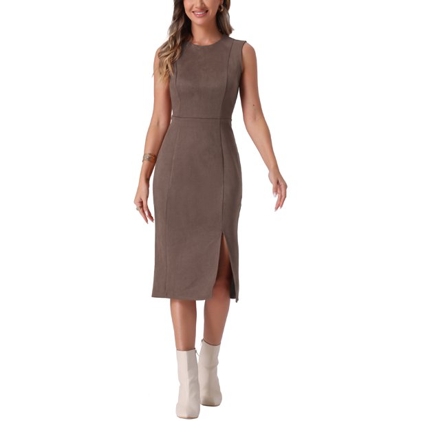 INSPIRE CHIC Vestido de Mujer de Imitación de Gamuza para Regreso a Clases de Maestra Sin Mangas Cuello Redondo Dobladillo Dividido Vestido de Trabajo L Café