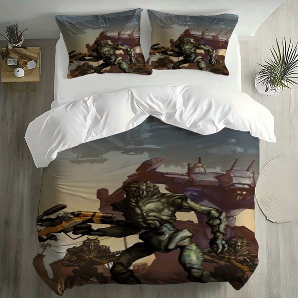 3pcs Dystrykt 9 Sci-Fi Alien Warrior Pattern Digital Print Set 100% Polyester Light Beige-Friendly Fabric
