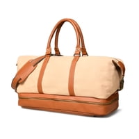 Bolso Sharo Classic Leather Weekender Duffle Lona Beige Y Cuero Genuino