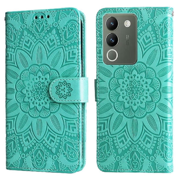 Funda tipo cartera FOXDOCK para Vivo V30 Lite 5G , diseño girasol en relieve, cuero PU, cierre magnético, soporte y tarjetero