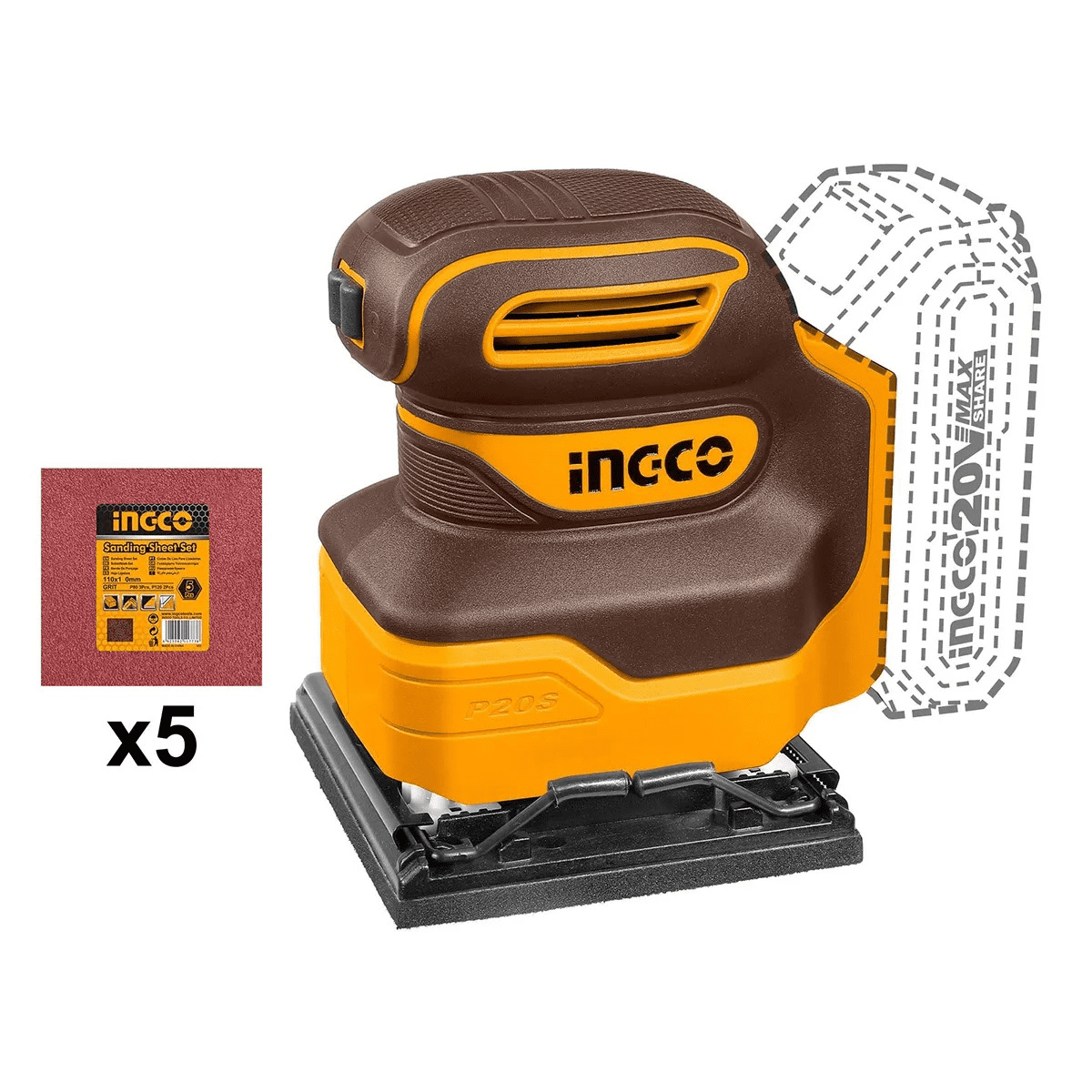 Lijadora Orbital Inalambrica Ingco 20v 110x100 Mm Cshsli2014