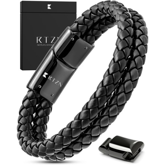 Pulsera RTZN de cuero negro trenzada doble – Talla mediana