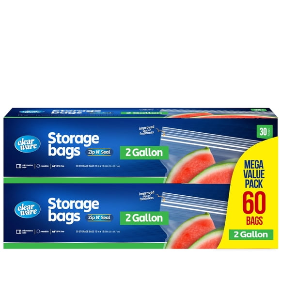 Bolsas de almacenamiento CLEARWARE de 2 galones (7.6 L), 60 unidades, resellables