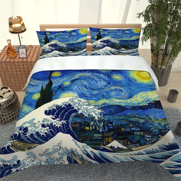 Van Gogh's Starry Sky And Waves Quilt Duvet Cover Set Pillow case Print3-Piece Bedding Set (1 Duvet Cover + 2 Pillow Shams)