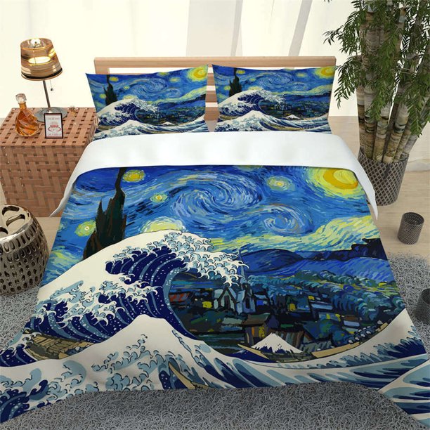 Van Gogh's Starry Sky And Waves Quilt Duvet Cover Set Pillow case Print3-Piece Bedding Set (1 Duvet Cover + 2 Pillow Shams)