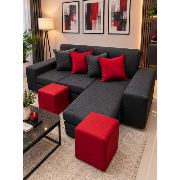 Living 3 Cuerpos Tipo L + 2 Puffs / COLOR NEGRO CON DETALLES ROJOS