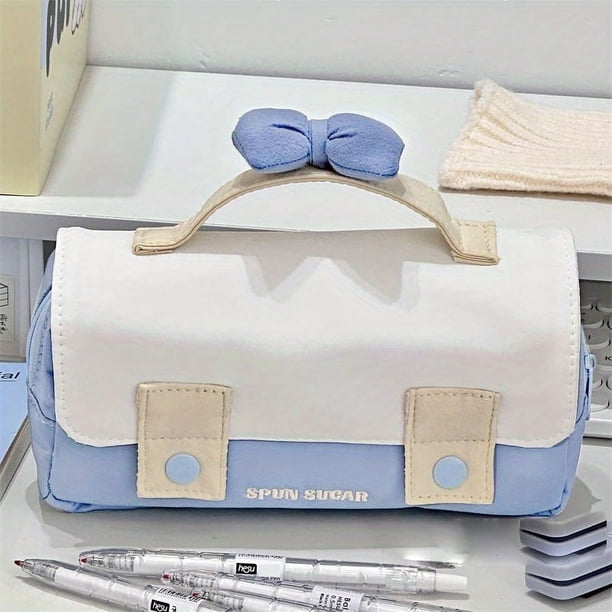 Cute Cartoon Bow Pencil Case for Junior High School Girls - Large Capacity Stationery Bag with Color Pencils and Erasers