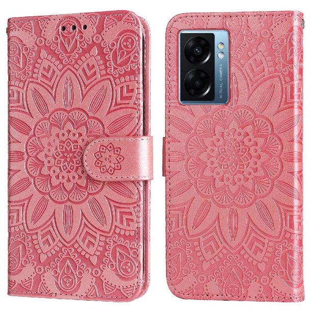 Funda tipo cartera FOXDOCK para OPPO A77 5G , diseño girasol en relieve, cuero PU, cierre magnético, soporte y tarjetero