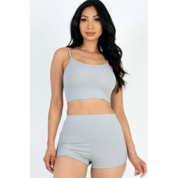 Conjunto De Top Corto De Tirantes Acanalado Y Shorts Fruncidos