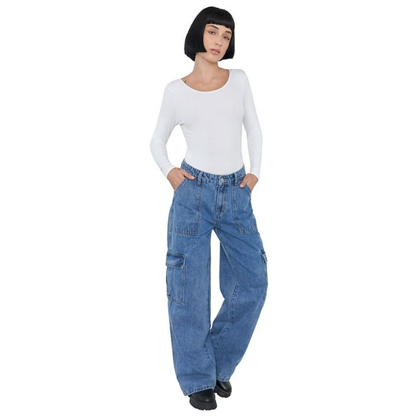 Jeans Mujer Cargo Wide Leg Fit Azul Medio Corona