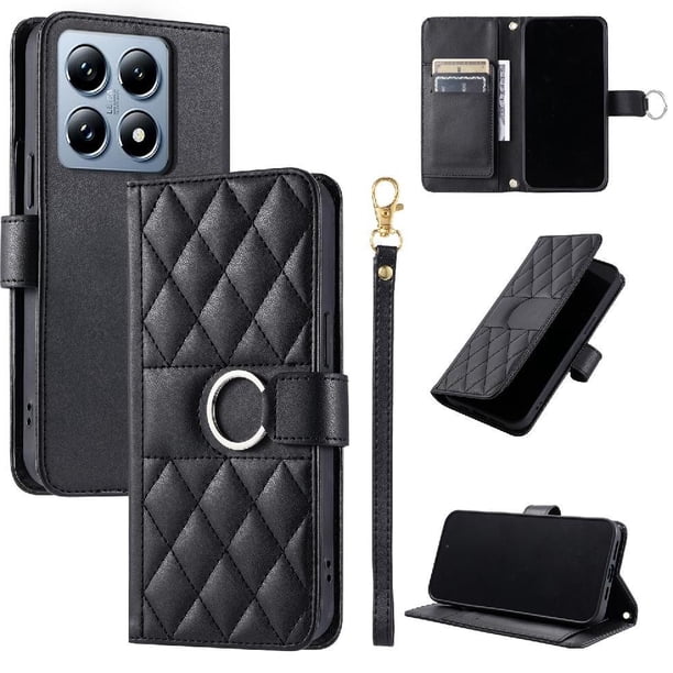 Funda Acolchada con Anilla y Correa para Xiaomi 14T Slots para Tarjetas Negro