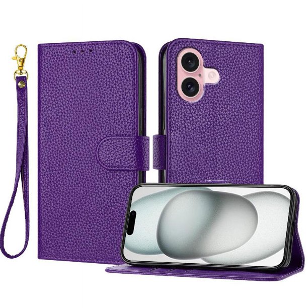 Funda Cartera para iPhone 16 Tarjetero Soporte Magnético y Correa Morado
