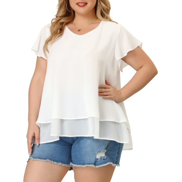 Blusa Casual de Chifón para Mujer de Talla Grande Agnes Orinda con Volantes, Mangas Cortas, Escote en V y Dobladillo de Doble Capa 1X Blanco