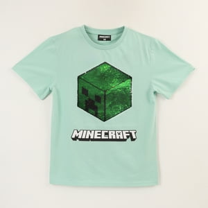 Polera Manga Corta Niño Verde Sequins Reversi Minecraft
