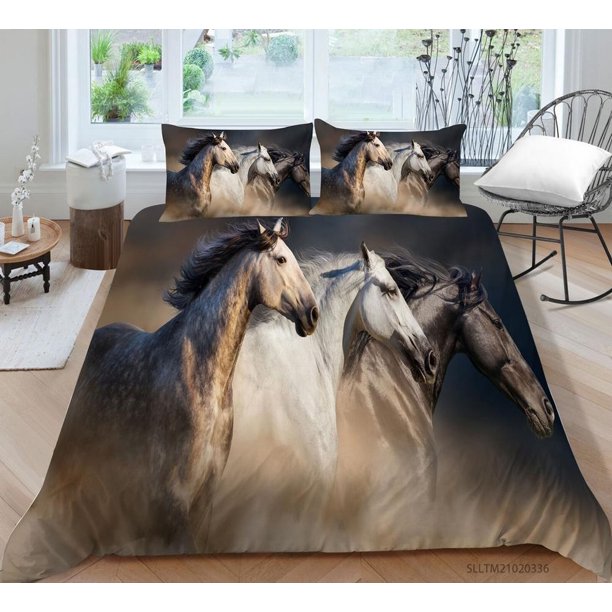 Running Horse Print Quilt Duvet Cover Set Bedding Super Bedclothes Soft3-Piece Bedding Set