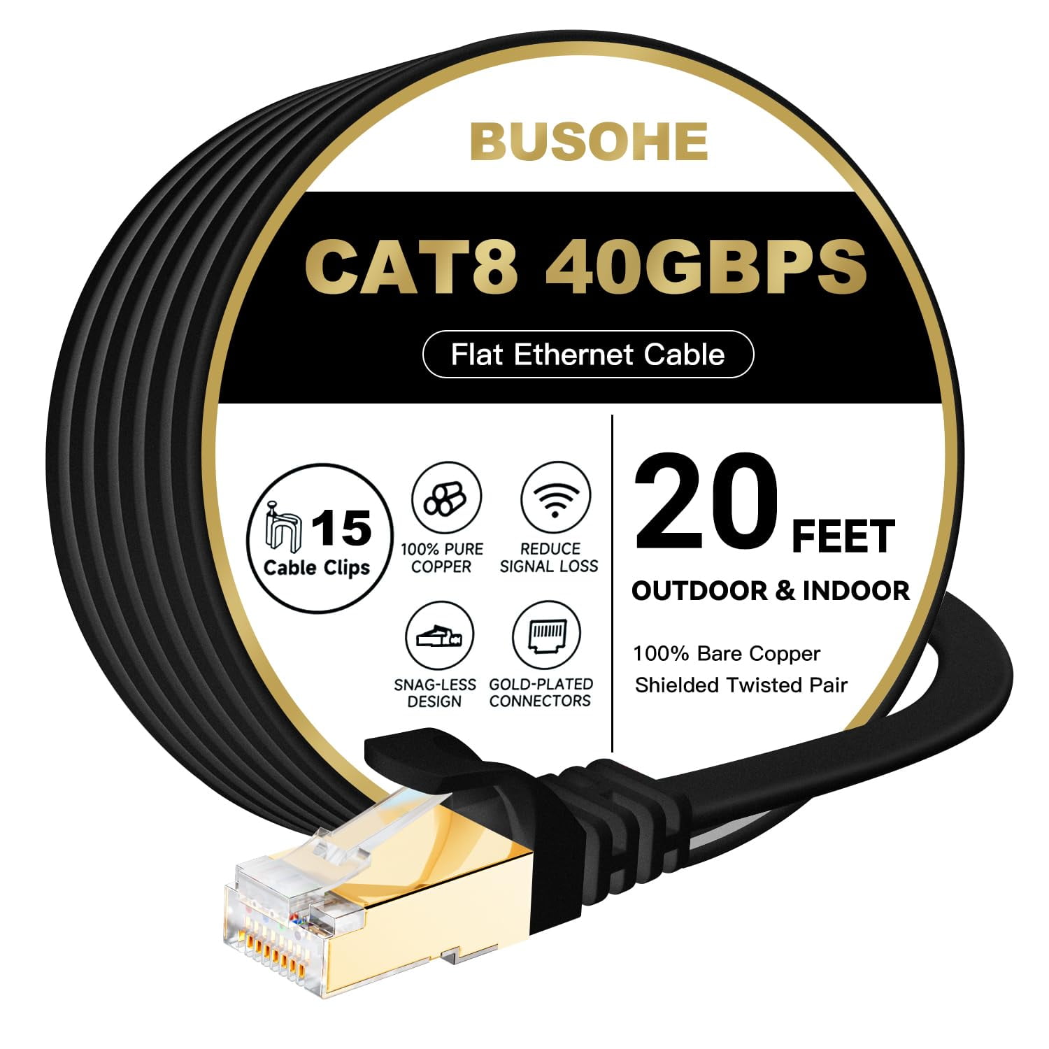 Cable Ethernet Busohe Cat 8, 20 M, 40 Gbps, 2000 Mhz, Exterior, Negro