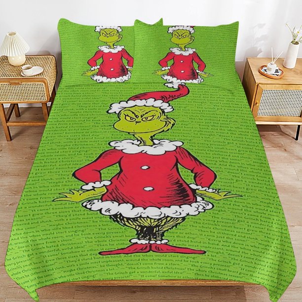 Grinch Bedding Sets Ultra Soft Skin-Friendly Duvet Cover 3 Piece, Cute Comforter Cover Bed Set for Boys Girls Kids