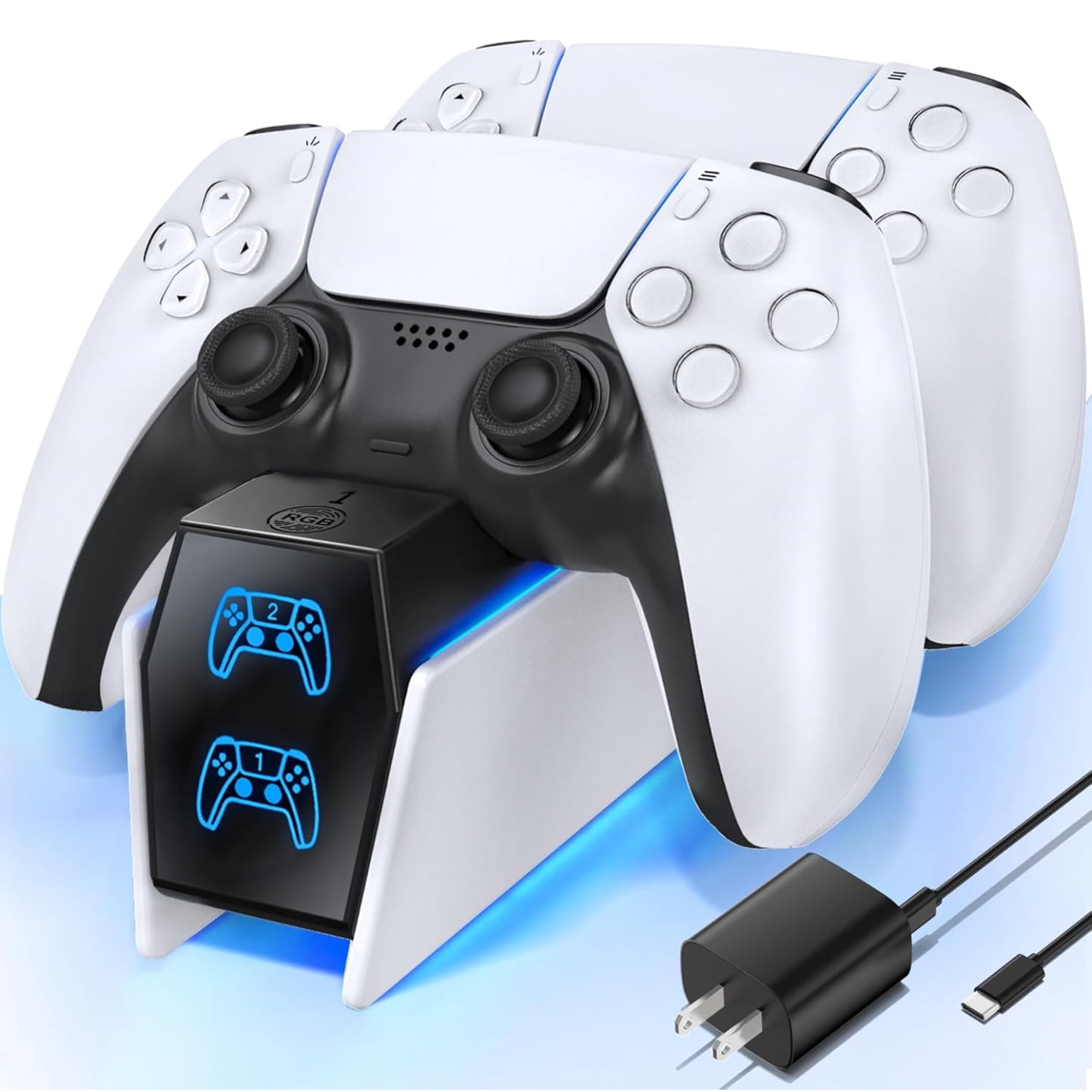 Genérico - Ps5 Controller Charger Station With 5v/3a Fast Ac Adapter For Ps5 & Edge Controllers, Ps5 Dual Stand Charger Wirh 9 Rgb Led Ps5 Accessories For Ps5 Controller, Ps5 Charging Station-blanco