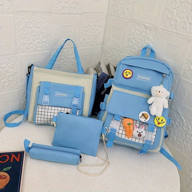 4pcs/set Simple Casual School Bag With Badges, Casual Canvas Backpack Tote Bag