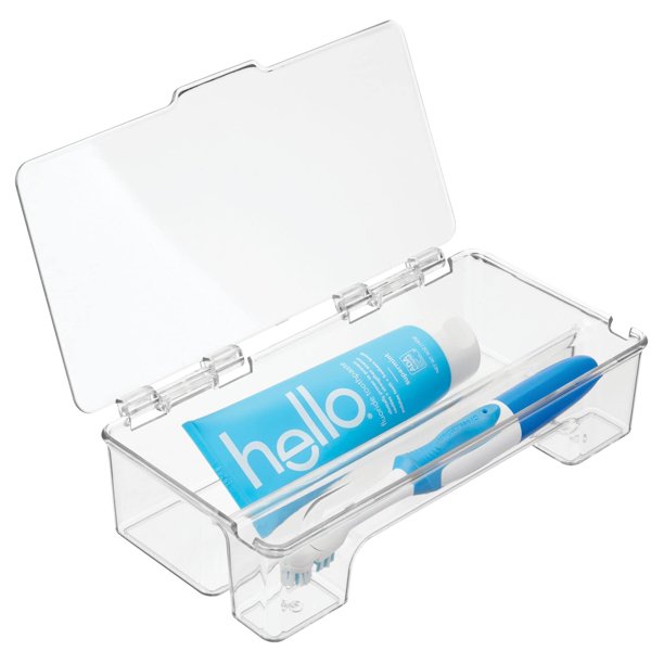 Soporte para cepillos de dientes mDesign de plástico transparente con tapa con bisagras