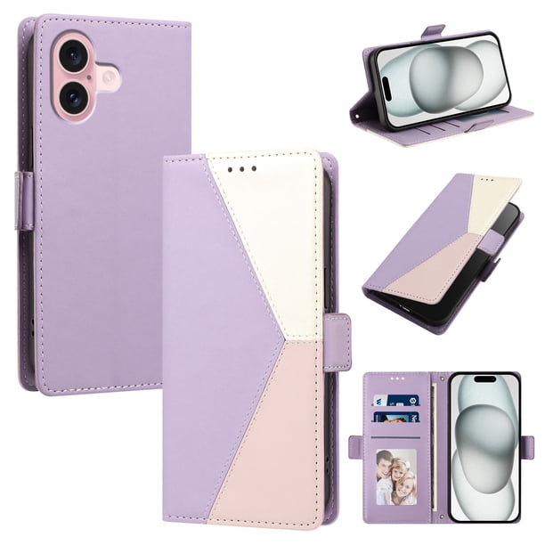Funda Cartera Tricolor para iPhone 16 con Ranuras para Tarjetas, Morado