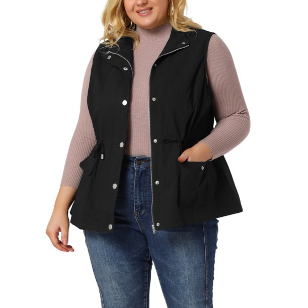 Agnes Orinda Chaquetas de Chaleco sin Mangas con Cordón en la Cintura con Cremallera y Botones para Mujer de Talla Grande 2X Negro