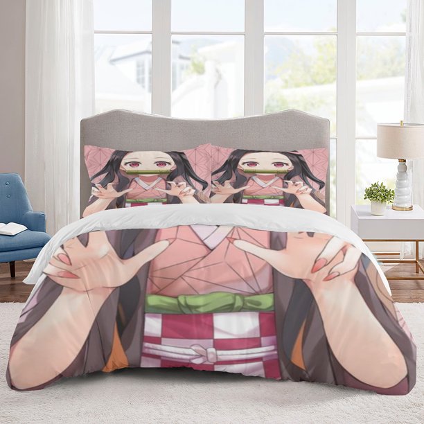 nezuko Bedding Sets Cartoon Duvet Cover Lightweight 3 Piece Bet Sets for Kids Boys Girls