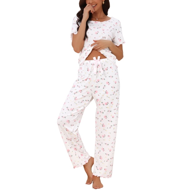 INSPIRE CHIC Conjunto de Salón para Mujeres Manga Corta Volante Estampado Floral Cuello Redondo Pantalones de Pierna Ancha 2 Piezas Pijamas XL Blanco