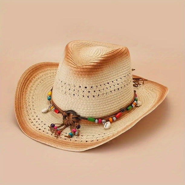 Boho Western Cowboy Straw Hat - Hand Woven Faux Jade Chain Decor Hat for Women, Men, and Unisex - Perfect for Summer Beach and Casual Wear