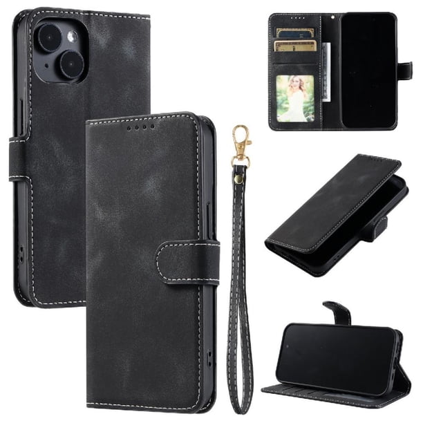 Funda Cartera para iPhone 15 Plus Tapa con Ranuras, Soporte y Correa Negro