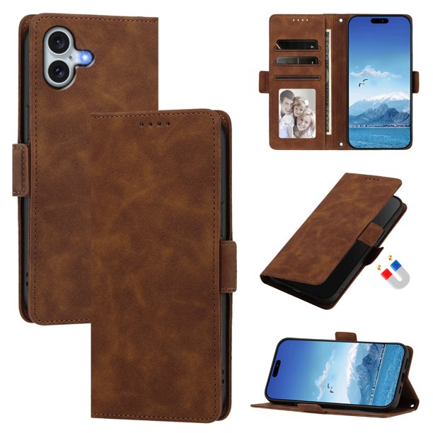 Funda Billetera Delgada para iPhone 16 Plus con Ranuras y Soporte Marrón