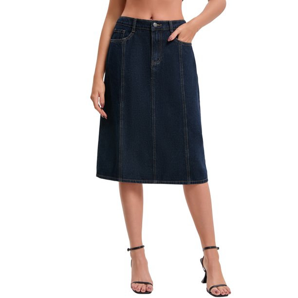 INSPIRE CHIC Falda de Jean para Mujer Regreso a Clases Cintura Alta Línea A Elástica en la Espalda Casual Largo a la Rodilla Falda de Mezclilla M Negro Azul