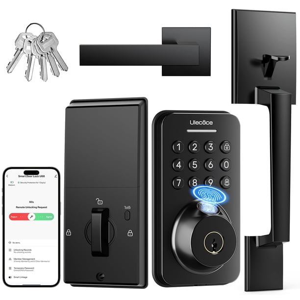 Cerradura inteligente para puerta Ulecoce con huella digital, teclado y cerrojo, negro mate