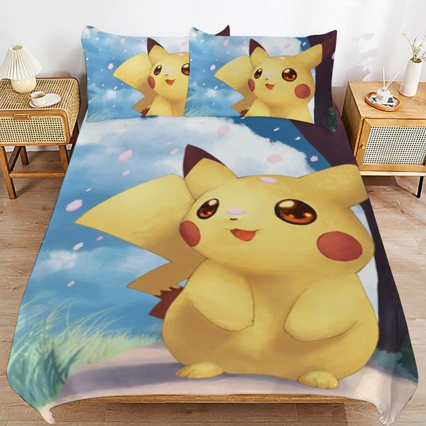 Pi-ka-chu Bed Duvet Cover Microfiber Bedding Sets 3D Printed Lightweight 3 Piece Comforter Sets, 1 Duvet Cover And 2 Pillow Shams for Kids Boys Girls