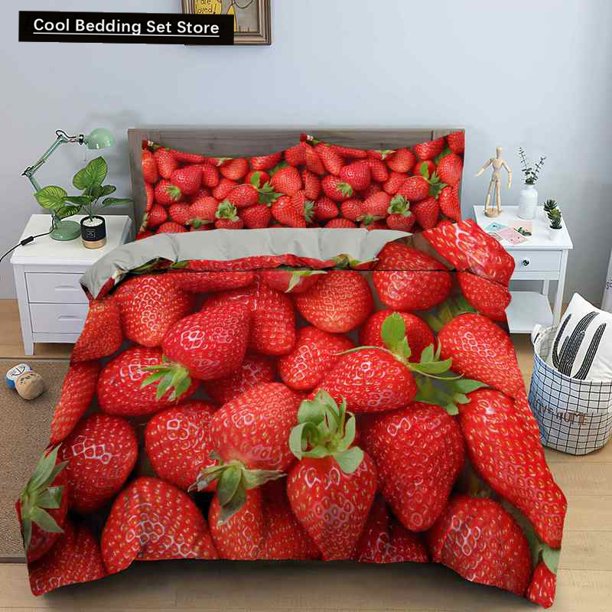 Red Strawberry Cute Bedding Set Pink Lovely Summer Fruit Duvet Cover for Kids Girls Polyester Quilt Cover Bed Sheets